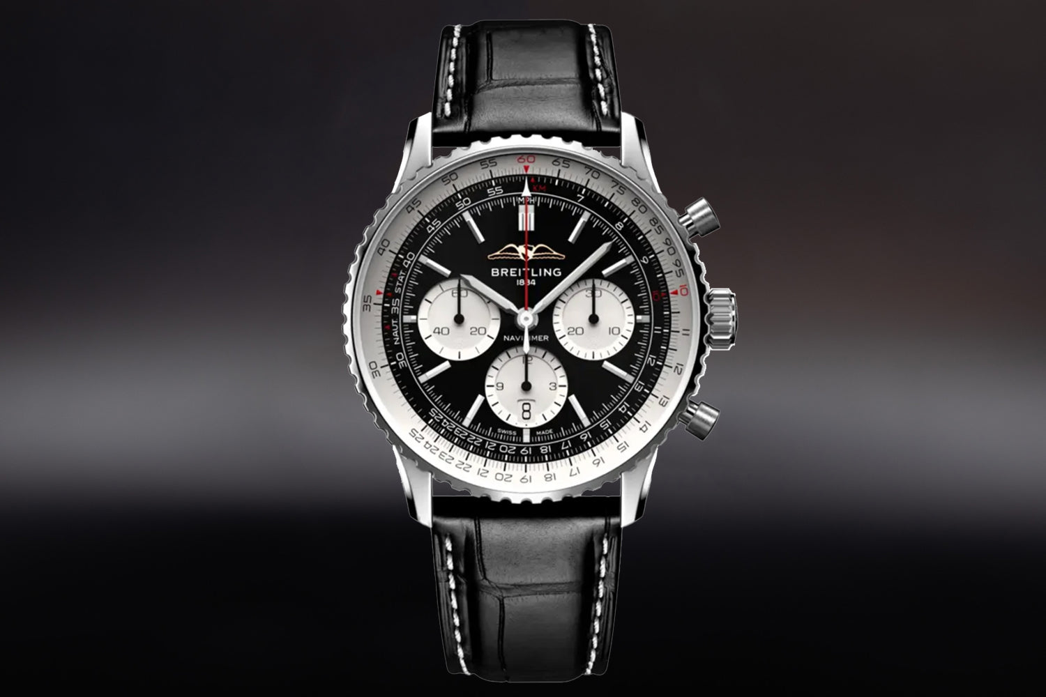 Breitling Navitimer B01 Chronograph 43 stainless steel Black Dial "Reverse Panda" AB0138211B1P1 on black alligator leather strap