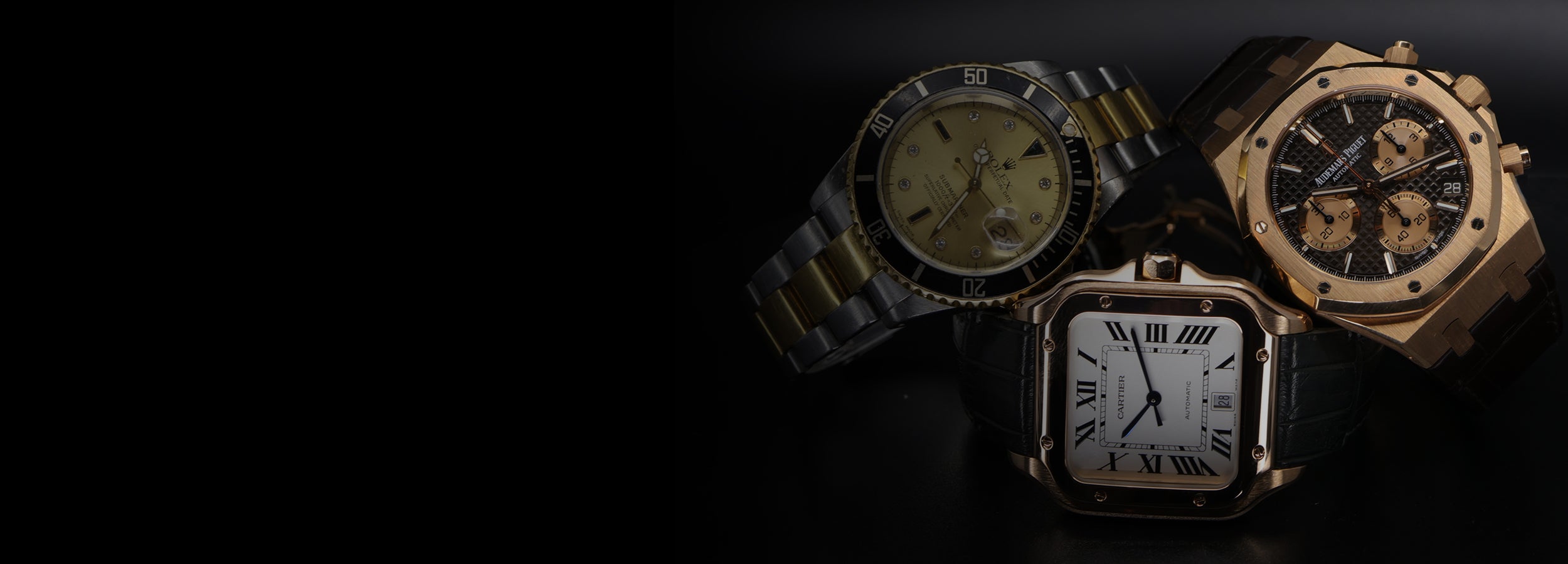Three Luxury Watches including a Rolex Submariner, Cartier Santos, and Audemars Piguet Royal Oak Chronograph made of rose gold and yellow gold