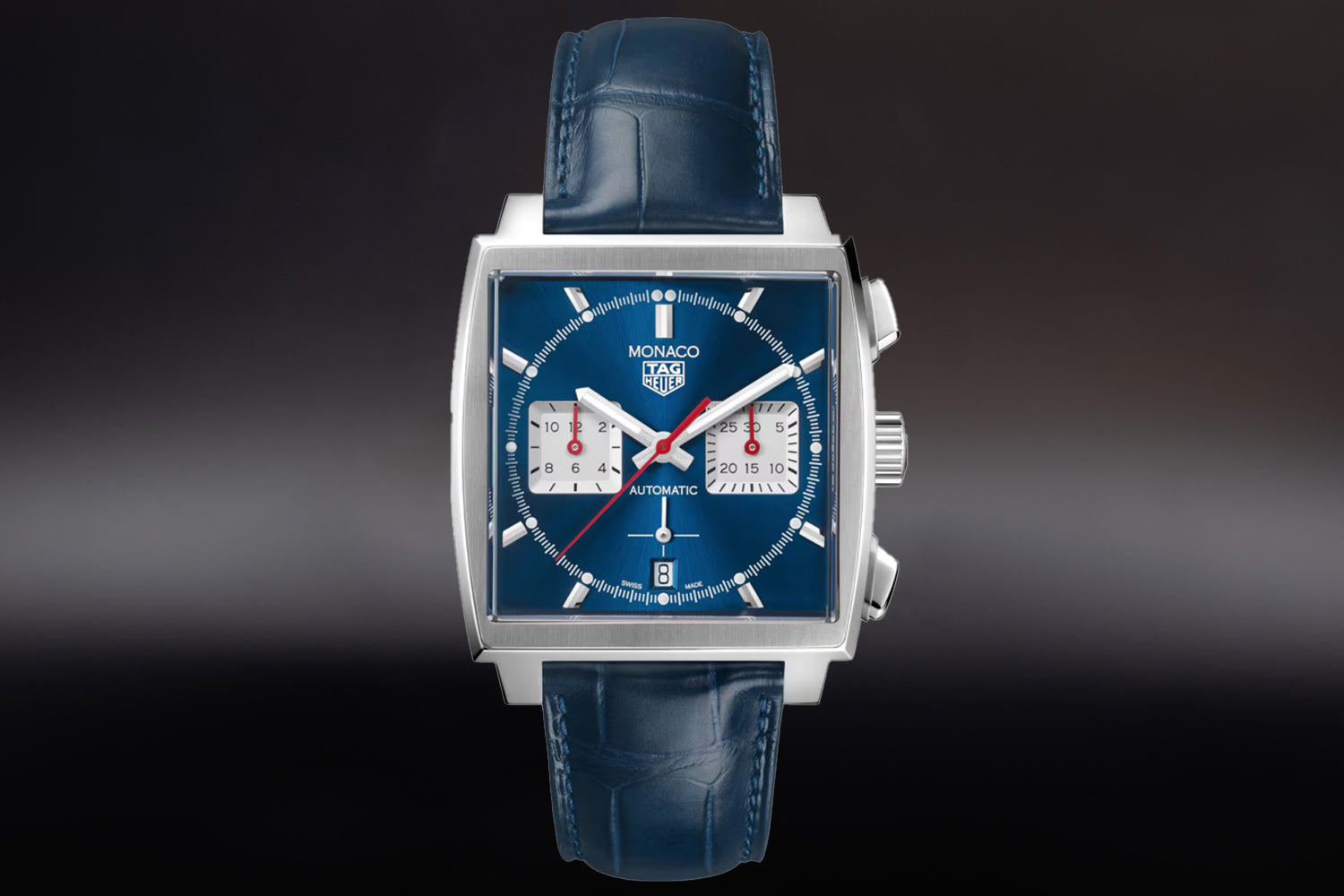 TAG Heuer Monaco Chronograph stainless steel Blue Dial CBL2111.FC6453 on blue alligator leather strap