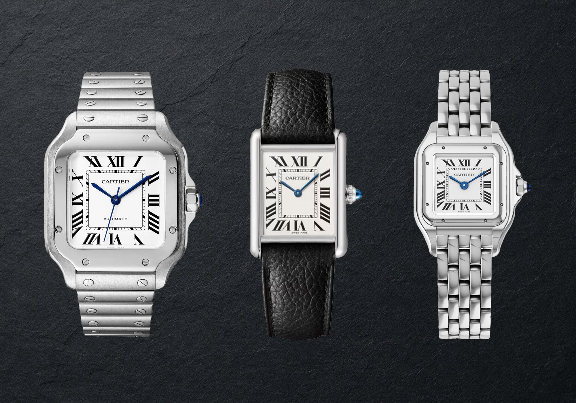 Cartier luxury watches including stainless steel Cartier Santos, Tank, and Panthére