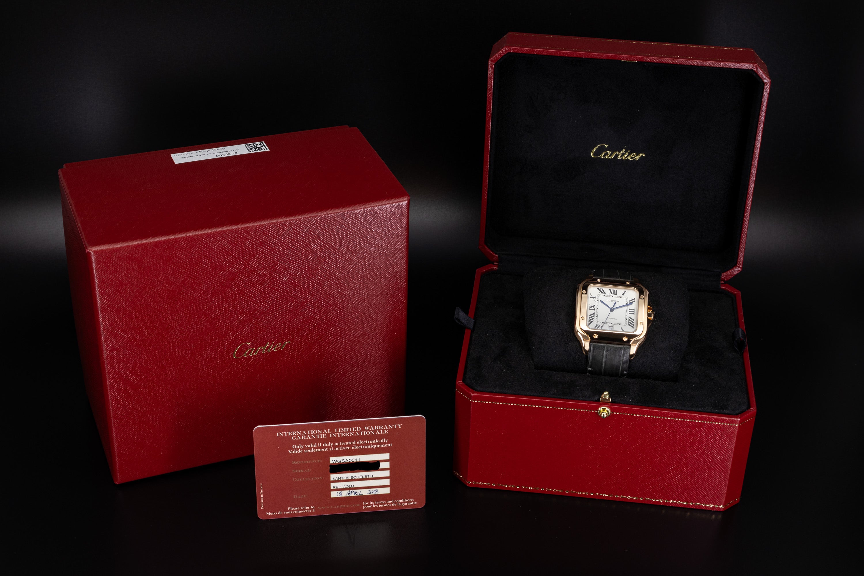 Cartier Santos de Cartier 18K Rose Gold silvered opaline dial with roman numerals and date aprature WGSA0011 box and papers