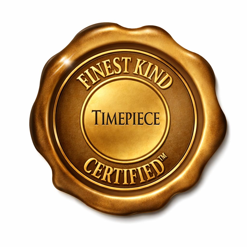 Gold seal with 'Finest Kind Certified Timepiece' text on a white background