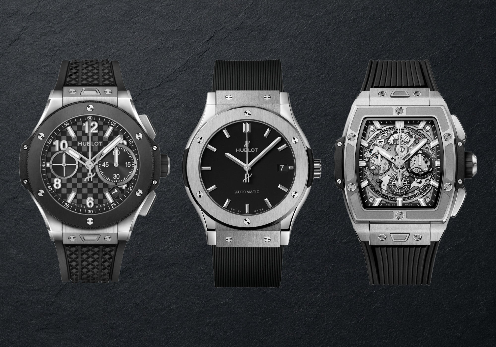 Three popular Hublot watches including Big Bang, Classic Fusion, and Spirit of Bing Bang