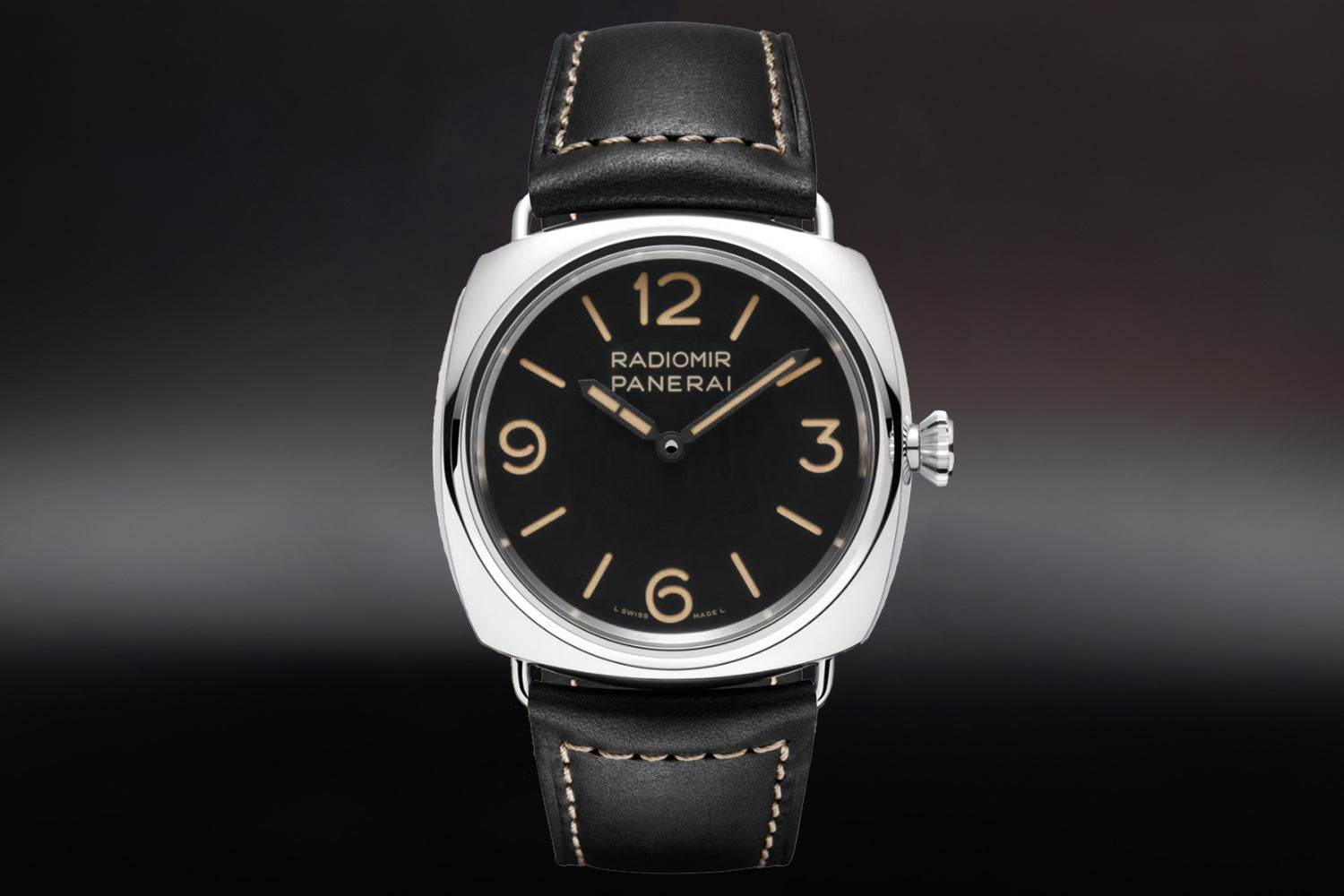 Panerai Radiomir Officine 45mm stainless steel Black Dial PAM01382 on black leather strap