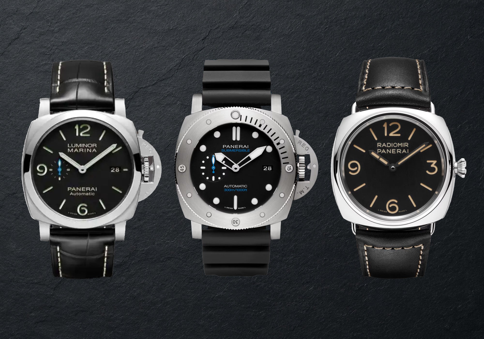 Popular Panerai watches including Luminor Marina, Submersible, and Radiomir