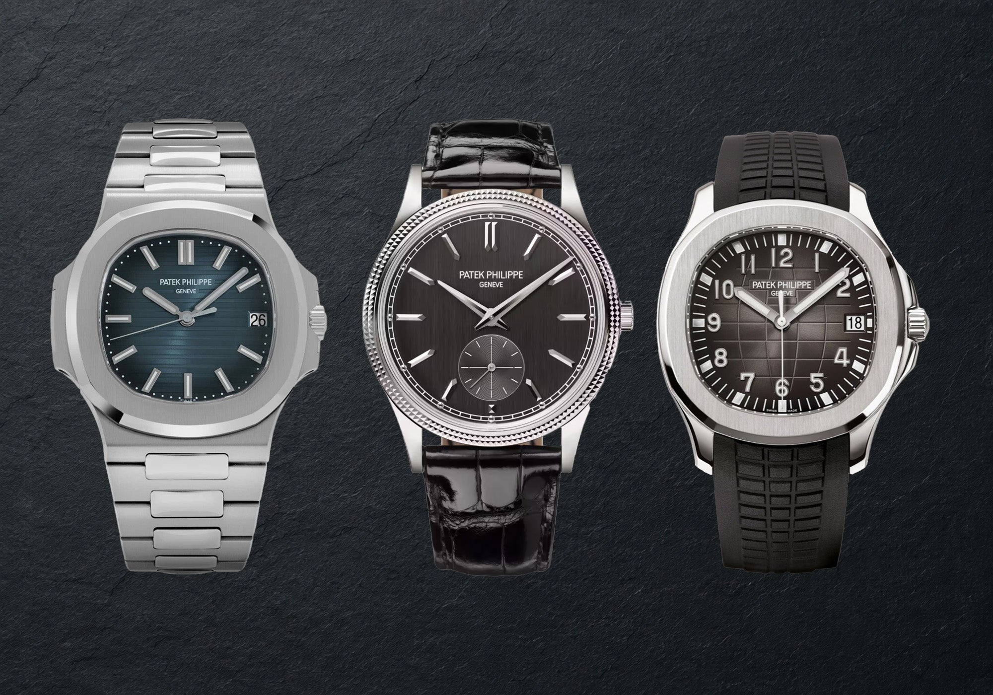 Popular Patek Philippe watches including Nautilus, Aquanaut, and Calatrava