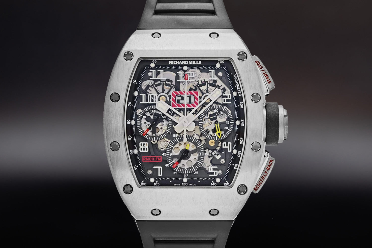 Richard Mille RM 11 luxury sports watch with skeleton dial and rubber bracelet