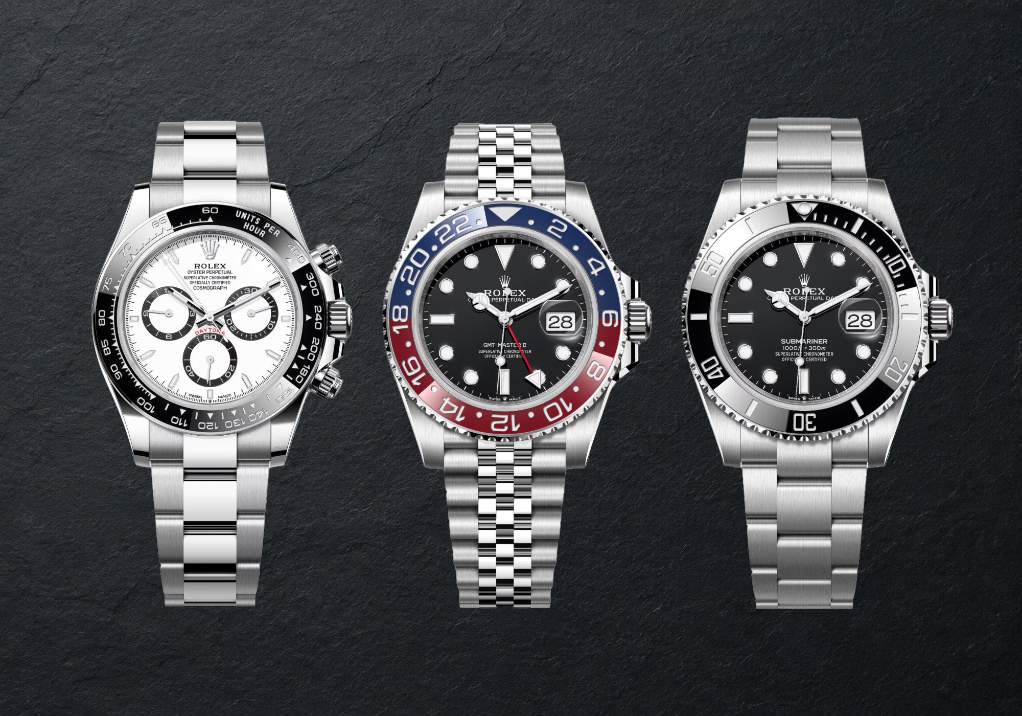 Popular Rolex watches including Daytona, GMT-Master II, and Submariner
