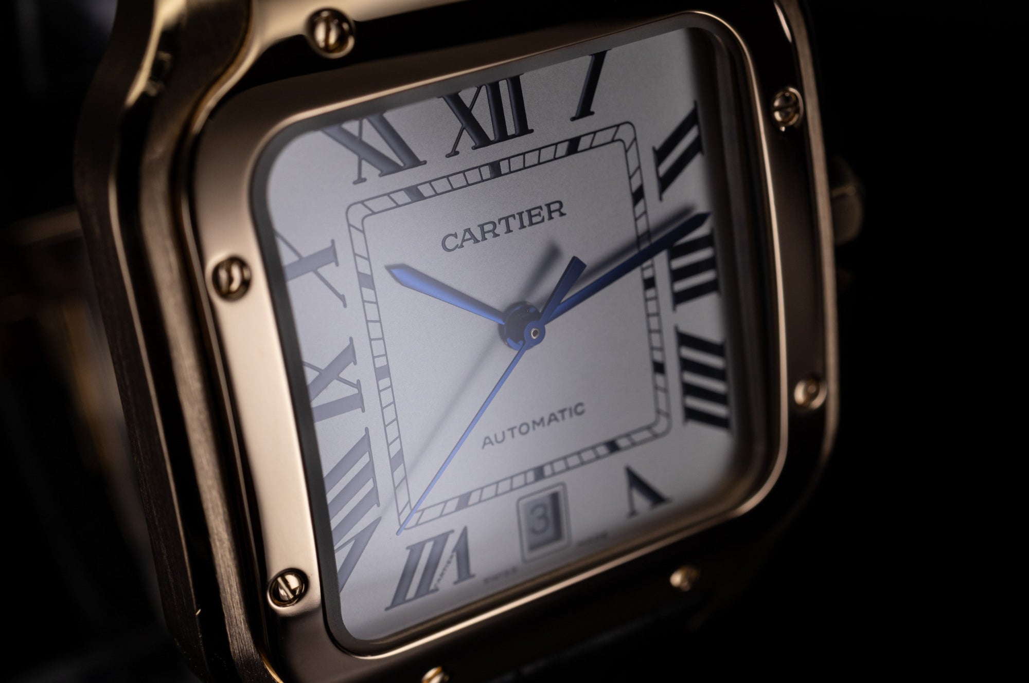 Cartier Santos de Cartier in rose gold with silvered opaline dial and blue sword hands