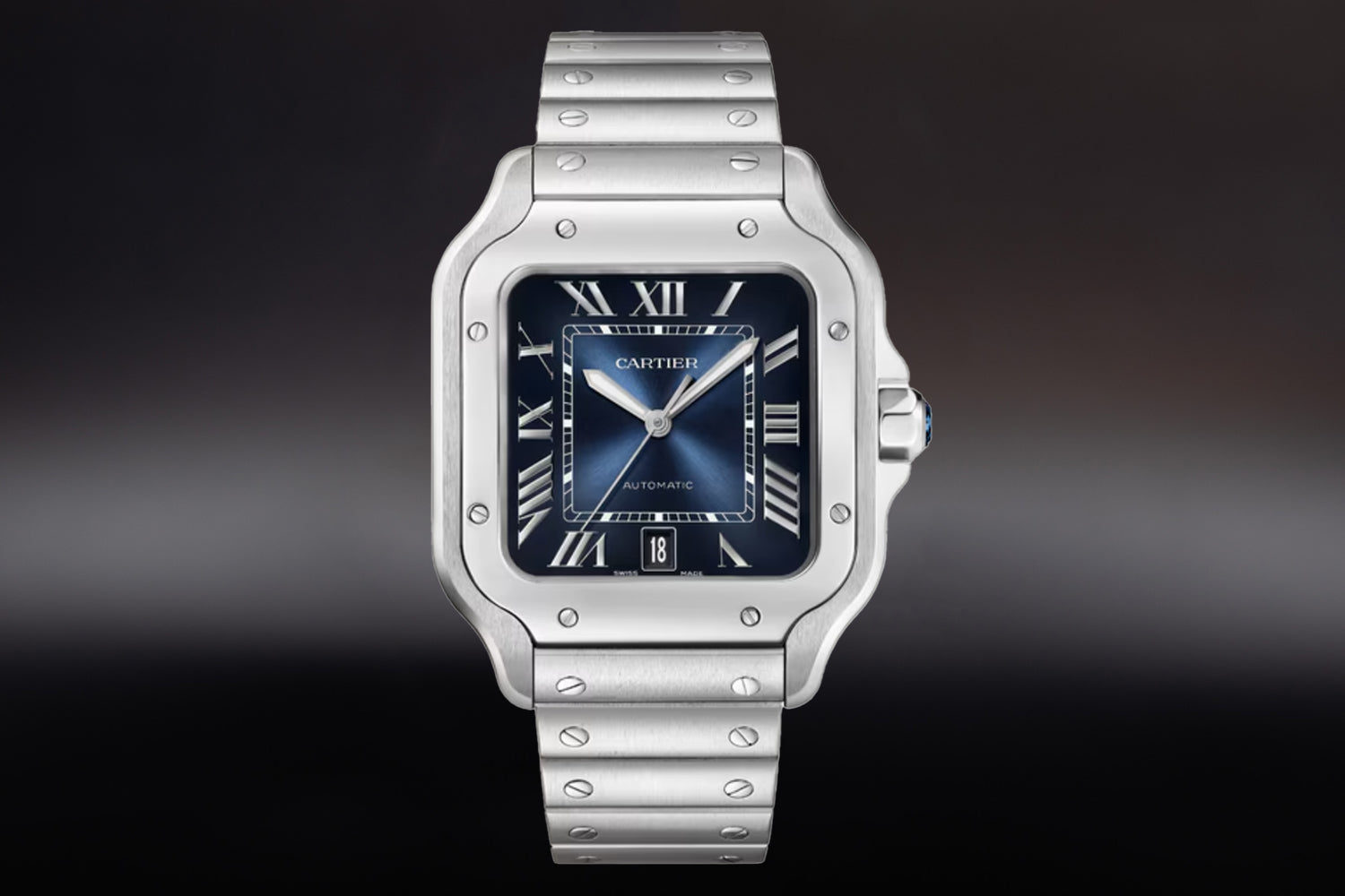 Cartier Santos De Cartier stainless steel with Blue sunburst Dial and Roman Numerals in size Large WSSA0071
