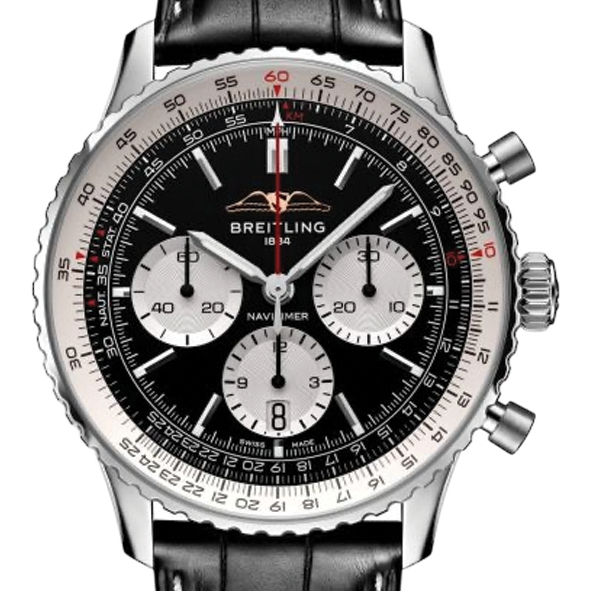 Breitling Navitimer chronograph watch with black dial, stainless steel case, and leather strap