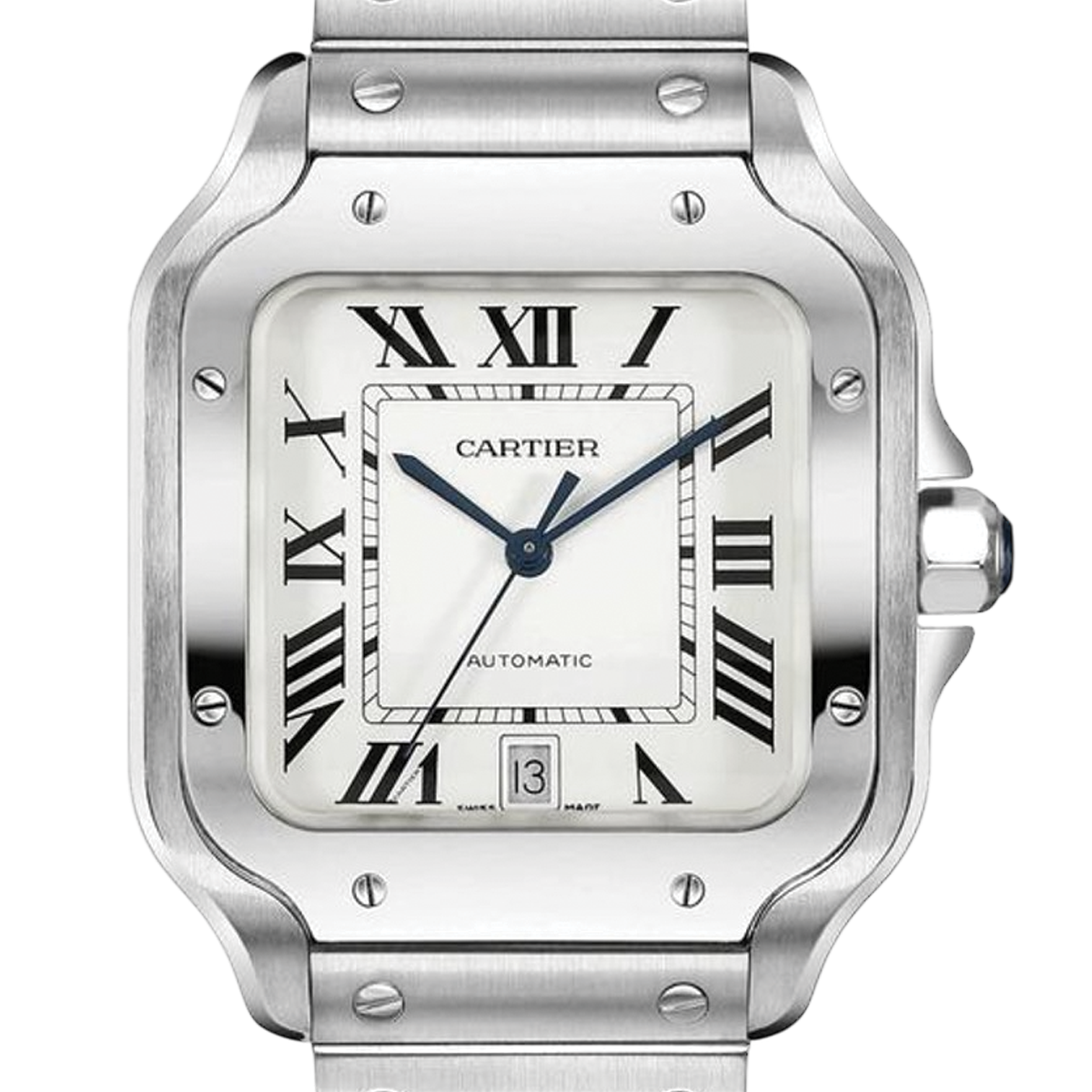 Cartier Santos automatic watch with white dial, Roman numerals, and stainless steel case