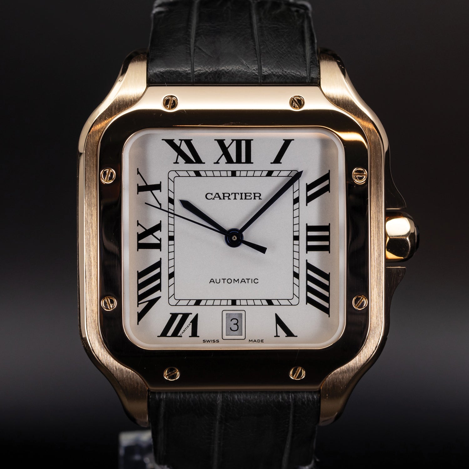 Cartier Santos rose gold luxury timepiece with black leather watch strap