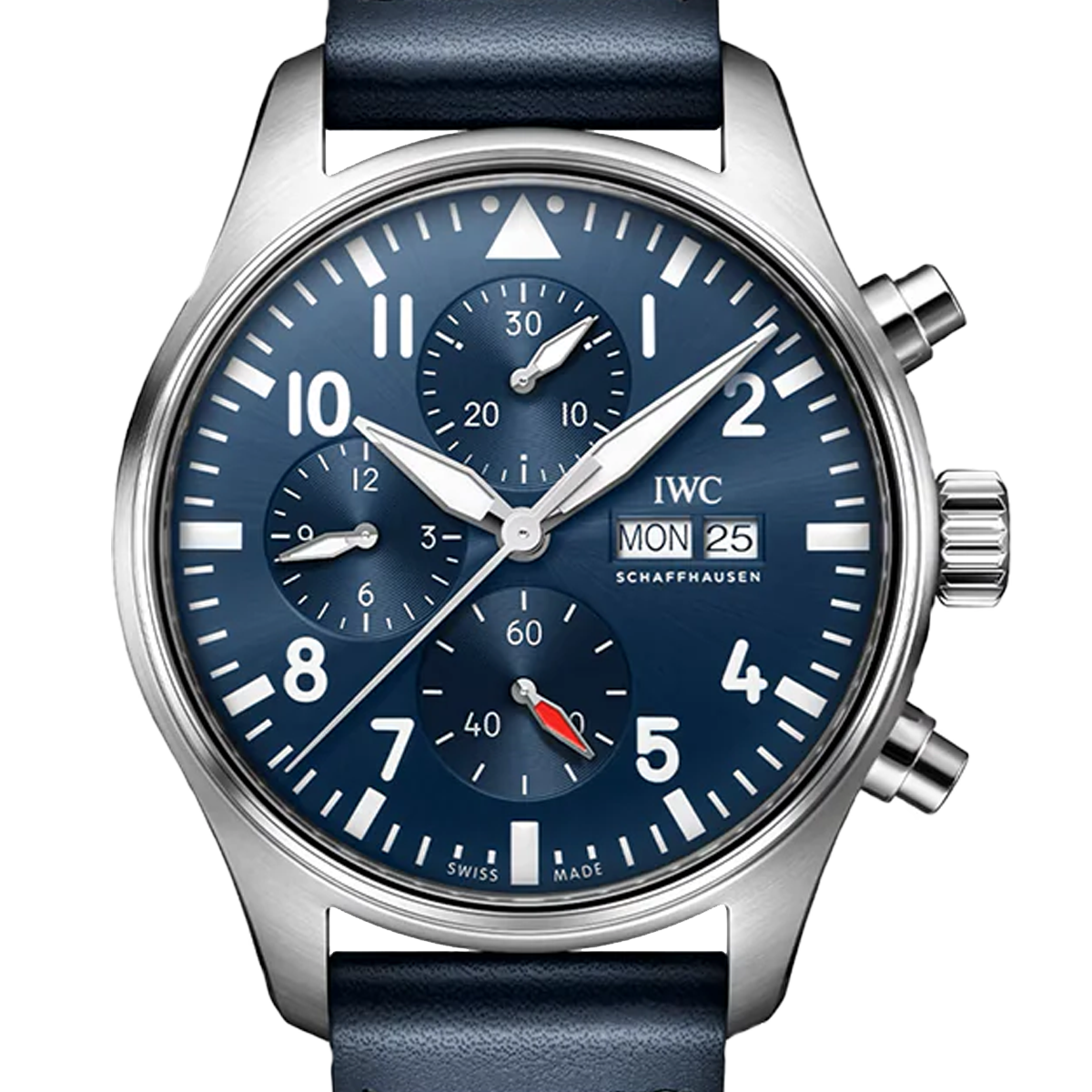 IWC Pilot’s Chronograph watch with blue dial, stainless steel case, and blue leather strap