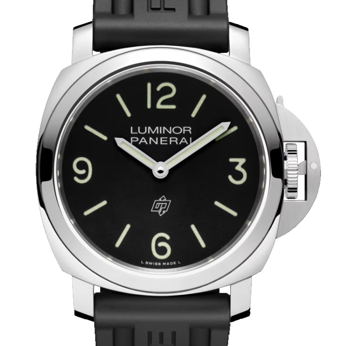 Panerai Luminor watch with black dial, stainless steel case, and black rubber strap