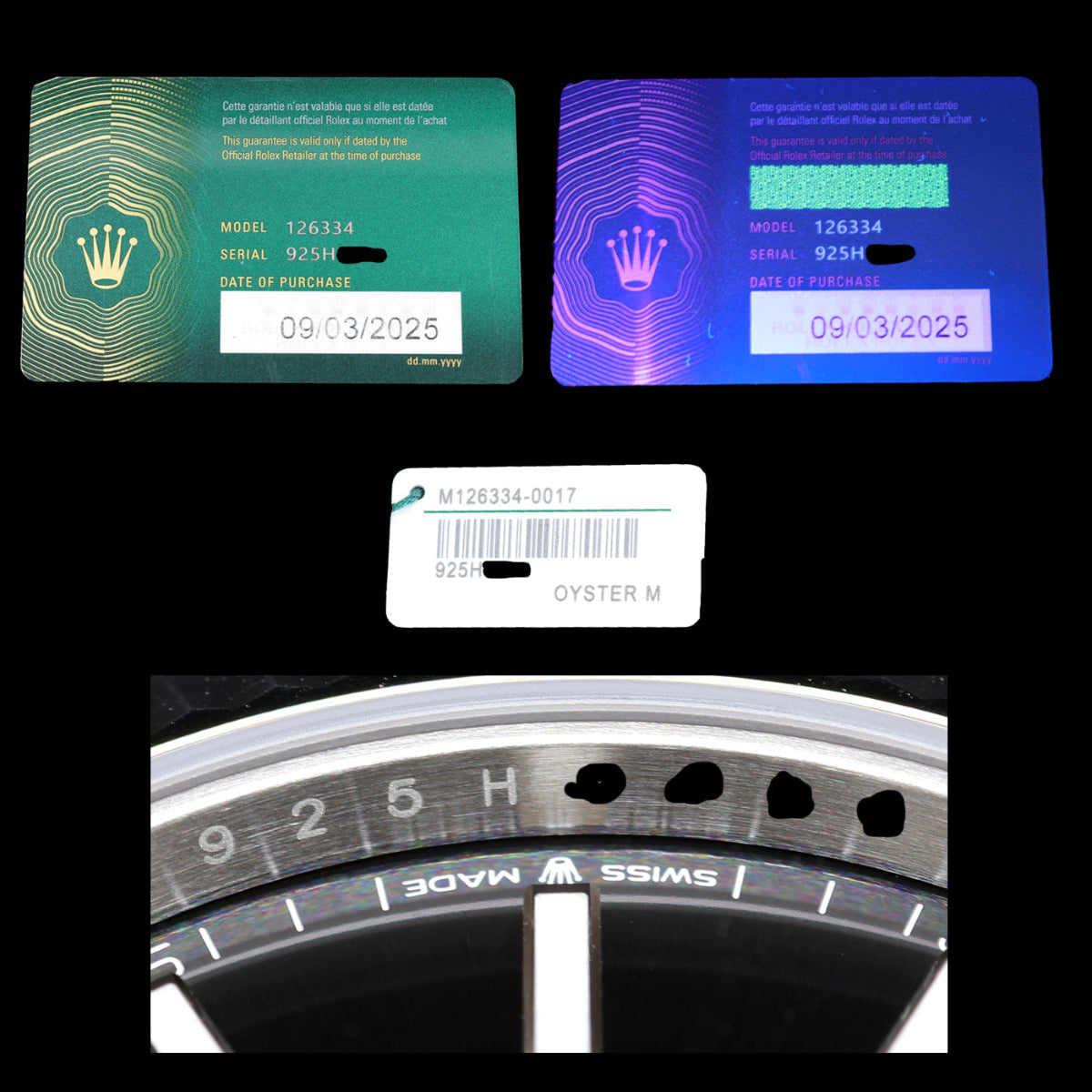 Luxury watch authentication featuring Rolex warranty card and hang tag compared to serial number on rehaut