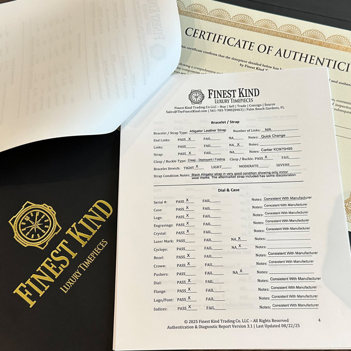 Certificate of Authenticity and verification report from Finest Kind Luxury Timepieces