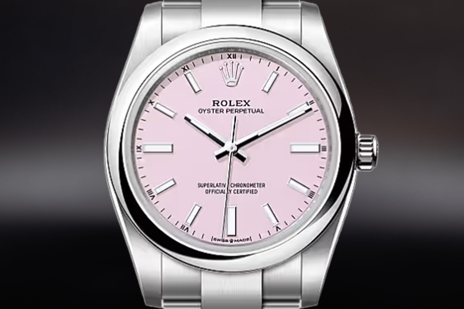 Rolex Oyster Perpetual 34 stainless steel with smooth bezel and Candy Pink Dial 124200