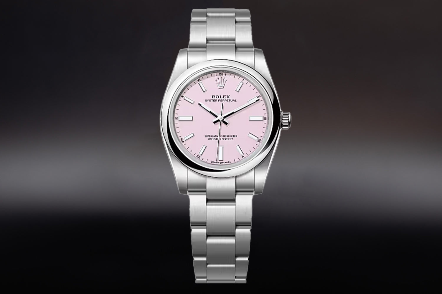 Rolex Oyster Perpetual 34 stainless steel with smooth bezel and Candy Pink Dial 124200 on oyster bracelet