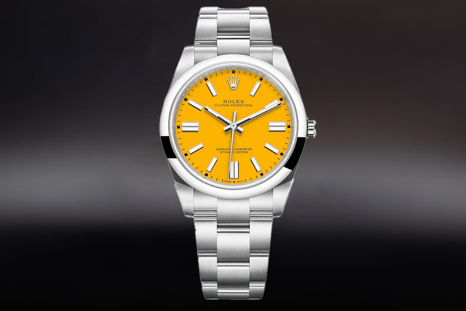 Rolex Oyster Perpetual 41 stainless steel with smooth bezel and Yellow Dial 124300 on oyster bracelet