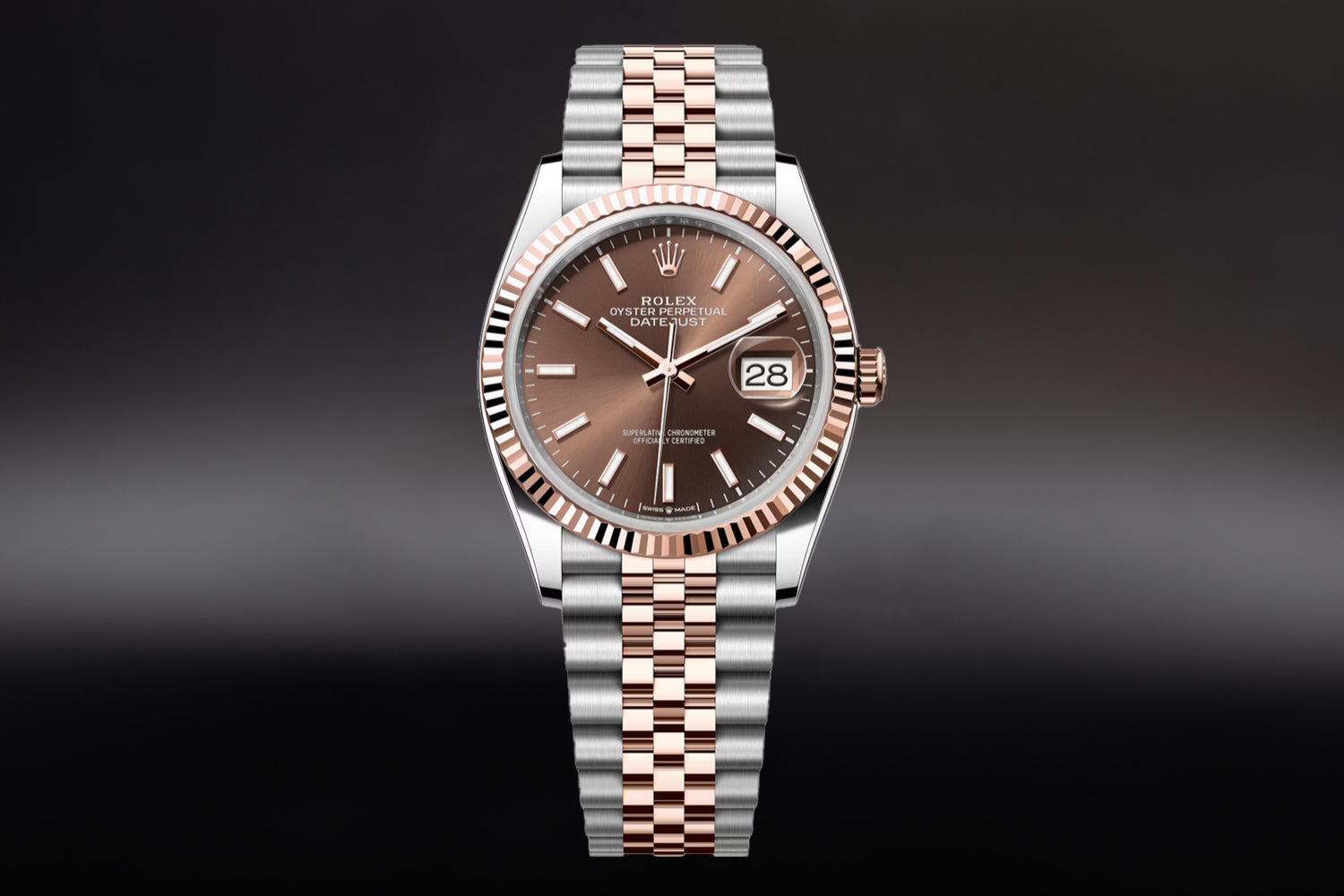 Rolex Datejust 36 Two Tone stainless steel and 18K Rose Gold Everose Rolesor with fluted bezel and Chocolate Dial 126231 on jubilee bracelet
