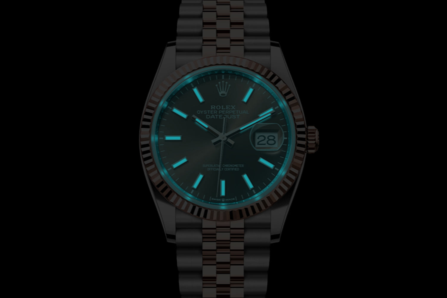 Rolex Datejust 36 Two Tone stainless steel and 18K Rose Gold Everose Rolesor with fluted bezel and Chocolate Dial 126231 lume