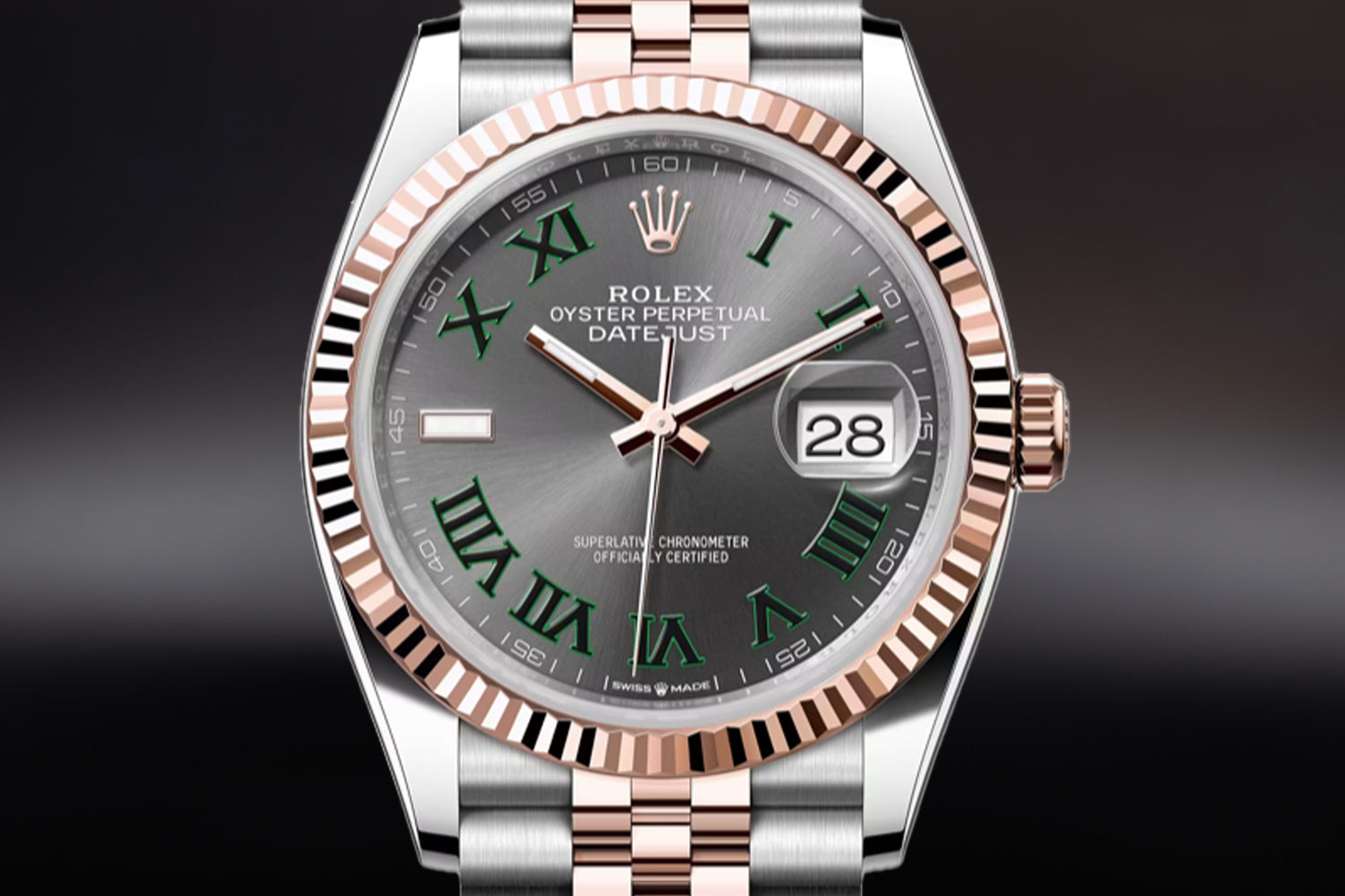 Rolex Datejust 36 Two Tone stainless steel and 18K Rose Gold Everose Rolesor with fluted bezel and Slate "Wimbledon" Dial 126231
