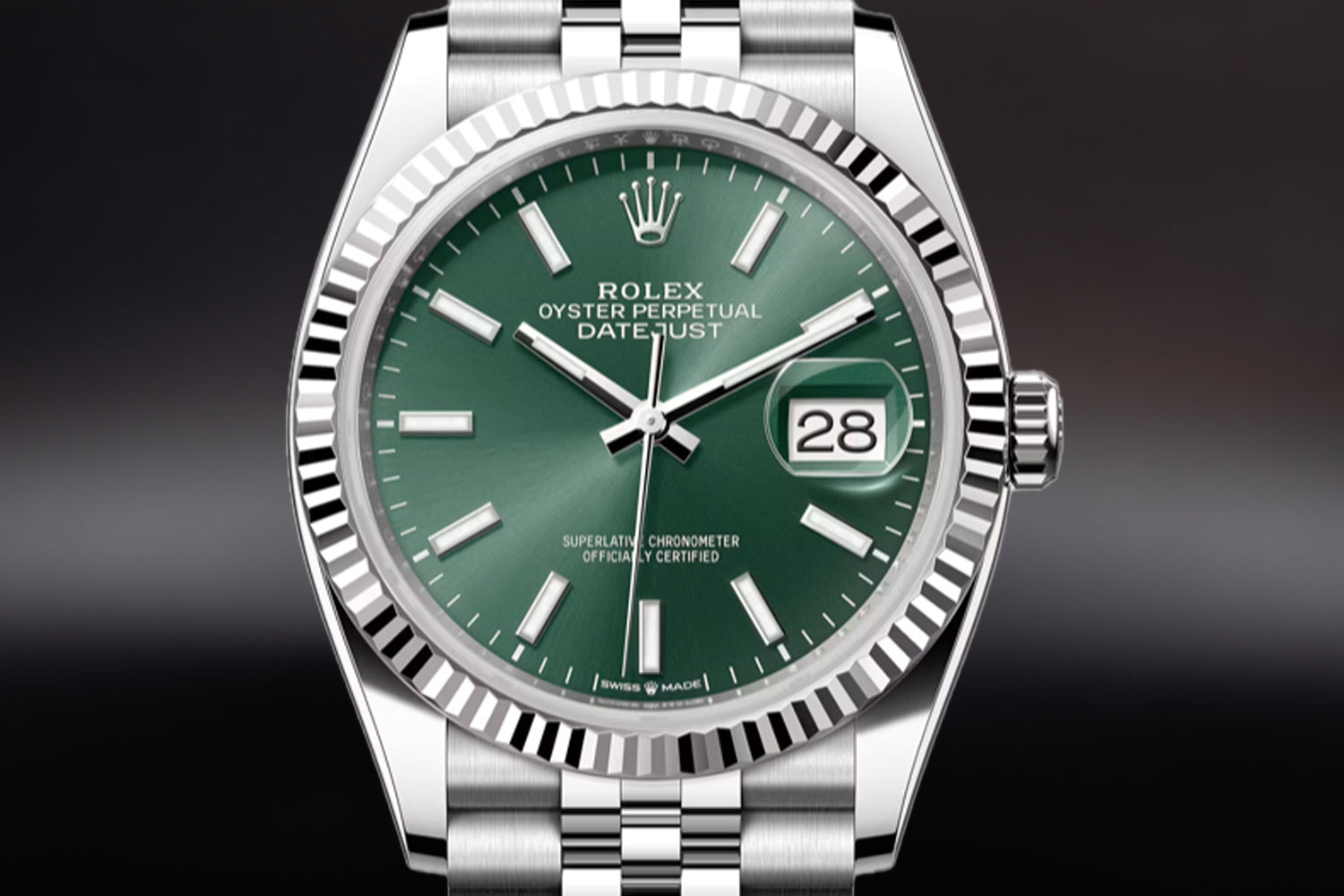 Rolex Datejust 36 stainless steel with 18K white gold fluted bezel and Mint Green Dial 126234