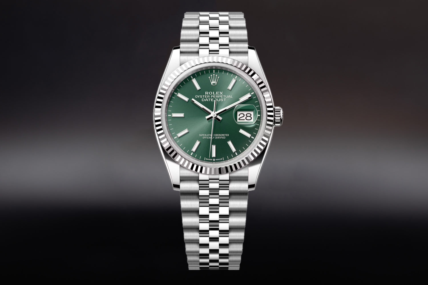 Rolex Datejust 36 stainless steel with 18K white gold fluted bezel and Mint Green Dial 126234 on jubilee bracelet