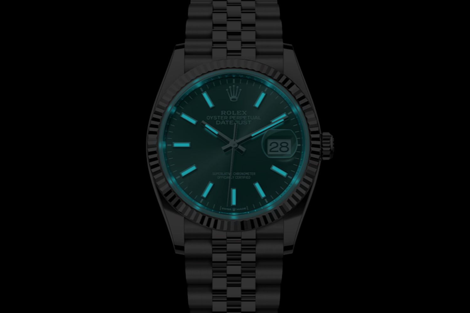 Rolex Datejust 36 stainless steel with 18K white gold fluted bezel and Mint Green Dial 126234 lume
