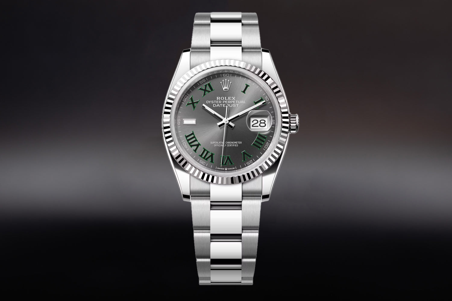 Rolex Datejust 36 stainless steel with 18K white gold fluted bezel and Slate "Wimbledon" Dial 126234 on oyster bracelet