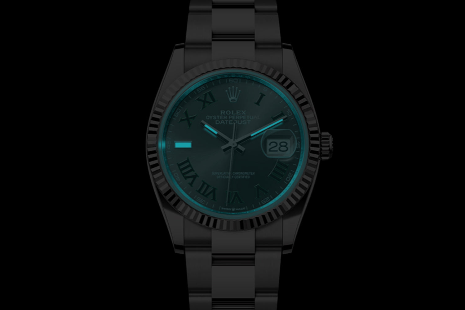Rolex Datejust 36 stainless steel with 18K white gold fluted bezel and Slate "Wimbledon" Dial 126234 lume