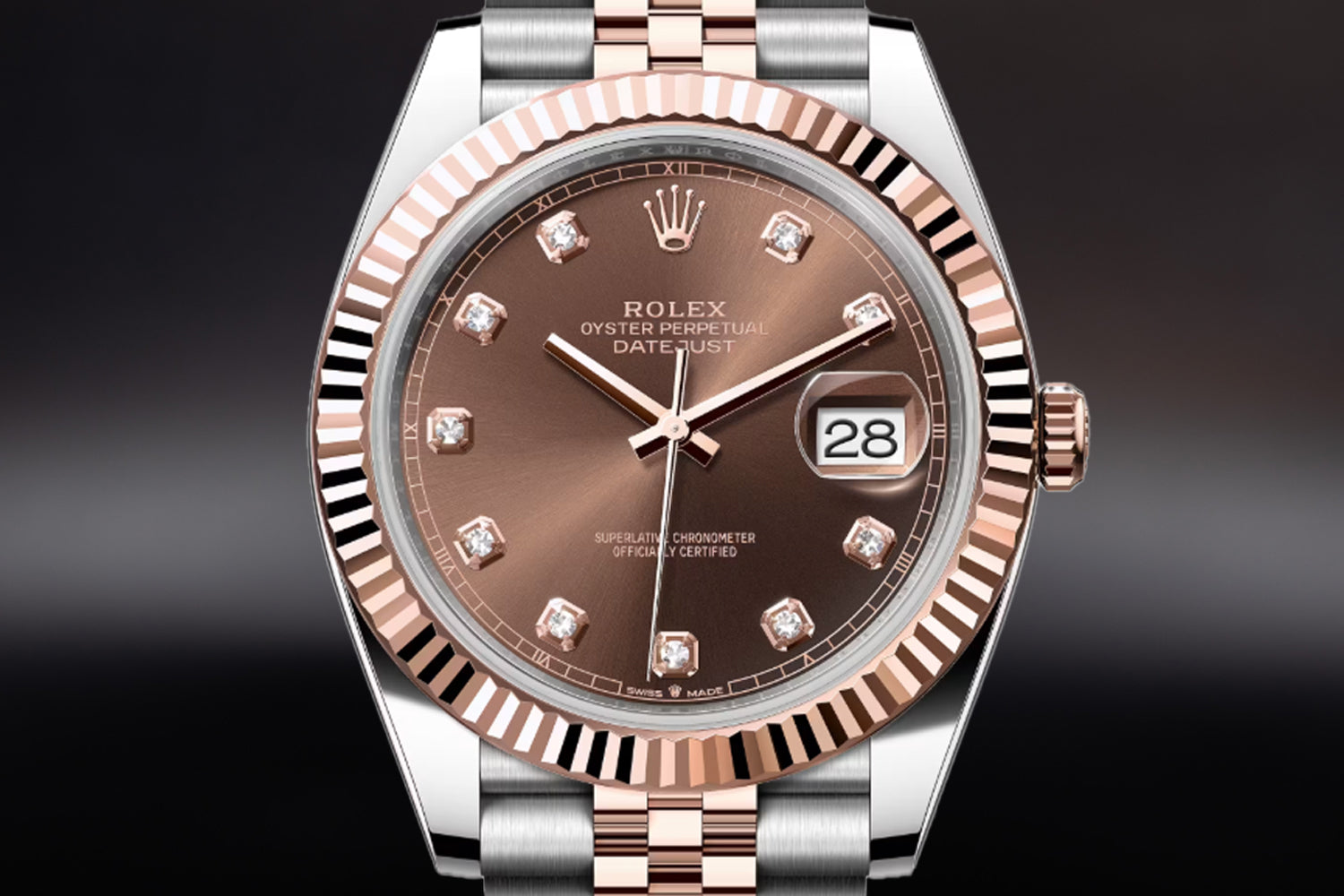 Rolex Datejust 41 Two Tone stainless steel and 18K Rose Gold Everose Rolesor with fluted bezel and Chocolate Diamond Set Dial 126331