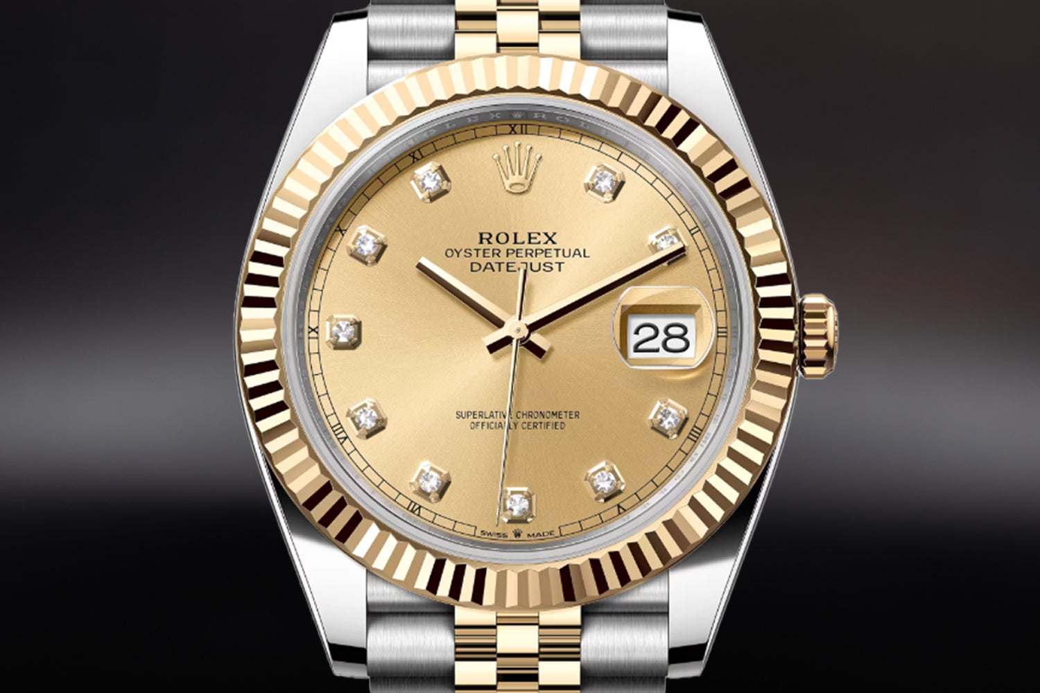 Rolex Datejust 41 Two Tone stainless steel and 18K Yellow Gold Rolesor with fluted bezel and Champagne Diamond Set Dial 126333