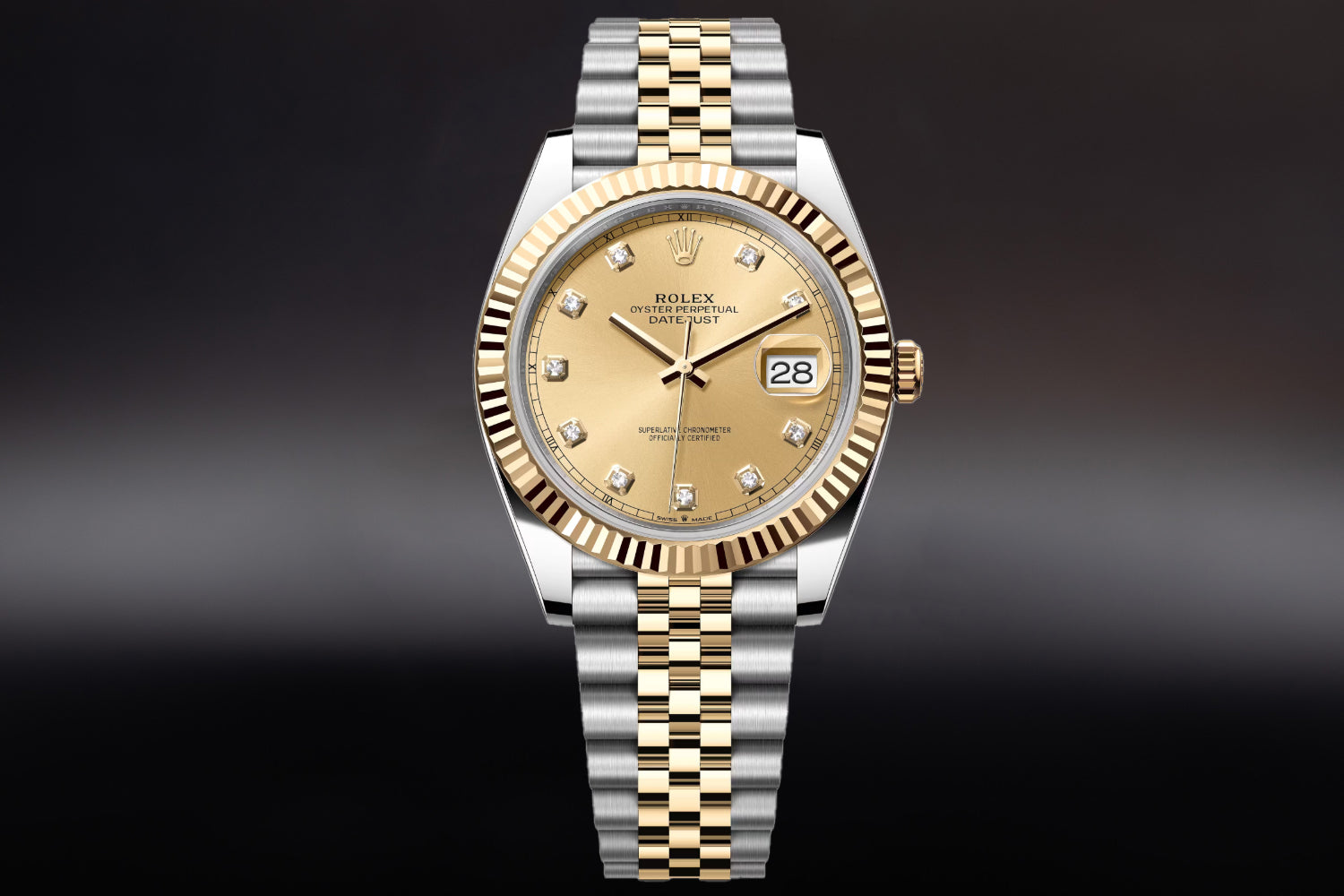 Rolex Datejust 41 Two Tone stainless steel and 18K Yellow Gold Rolesor with fluted bezel and Champagne Diamond Set Dial 126333 on jubilee bracelet