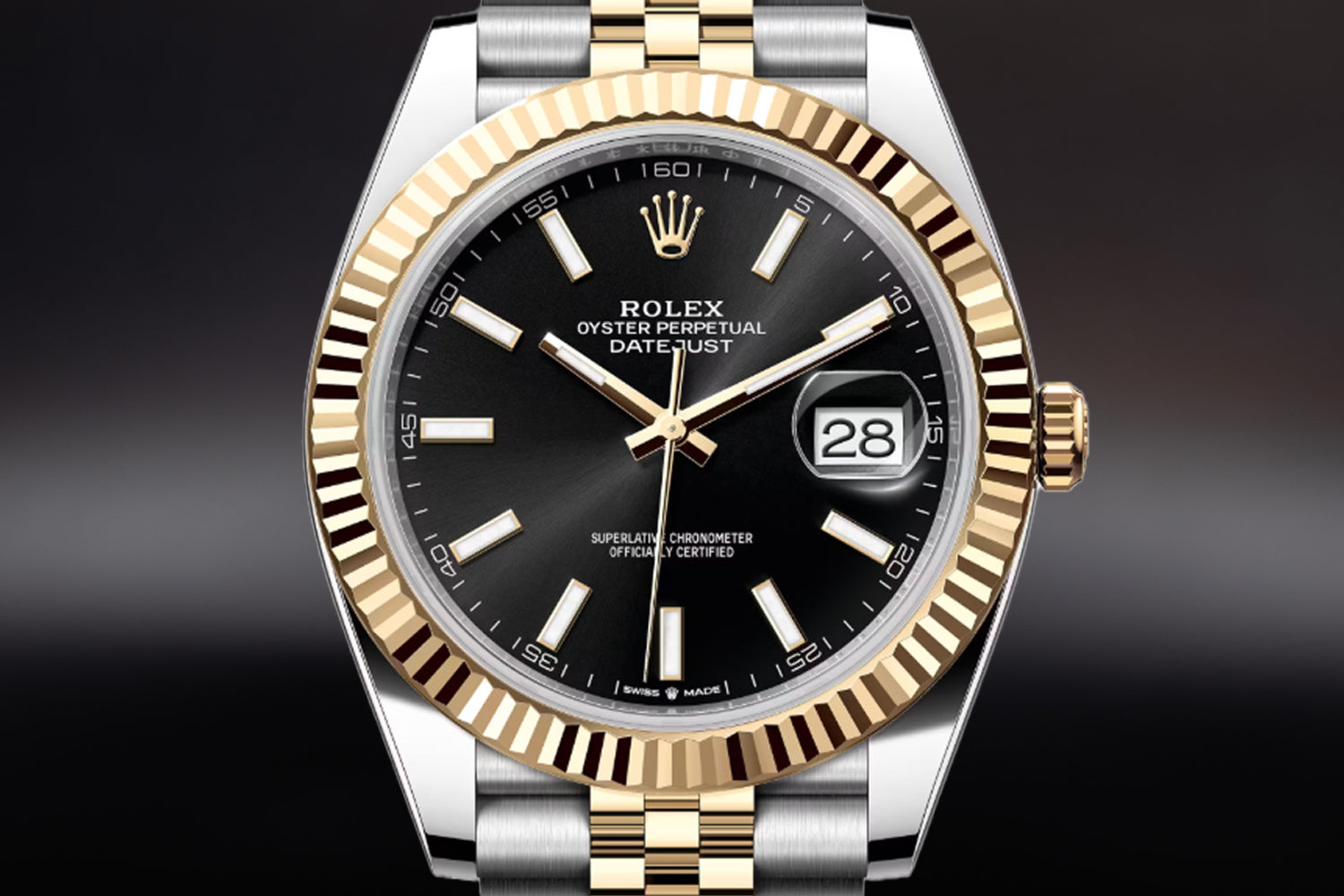 Rolex Datejust 41 Two Tone stainless steel and 18K Yellow Gold Rolesor with fluted bezel and Black Dial 126333