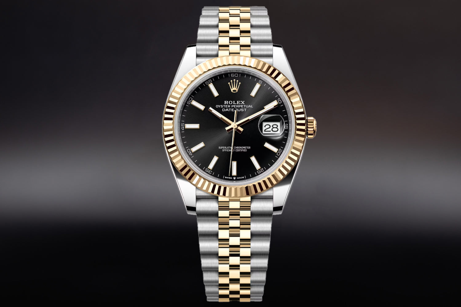 Rolex Datejust 41 Two Tone stainless steel and 18K Yellow Gold Rolesor with fluted bezel and Black Dial 126333 on jubilee bracelet