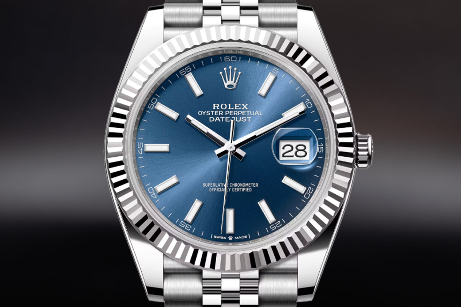 Rolex Datejust 41 stainless steel Bright Blue Dial 18K white gold fluted bezel 126334