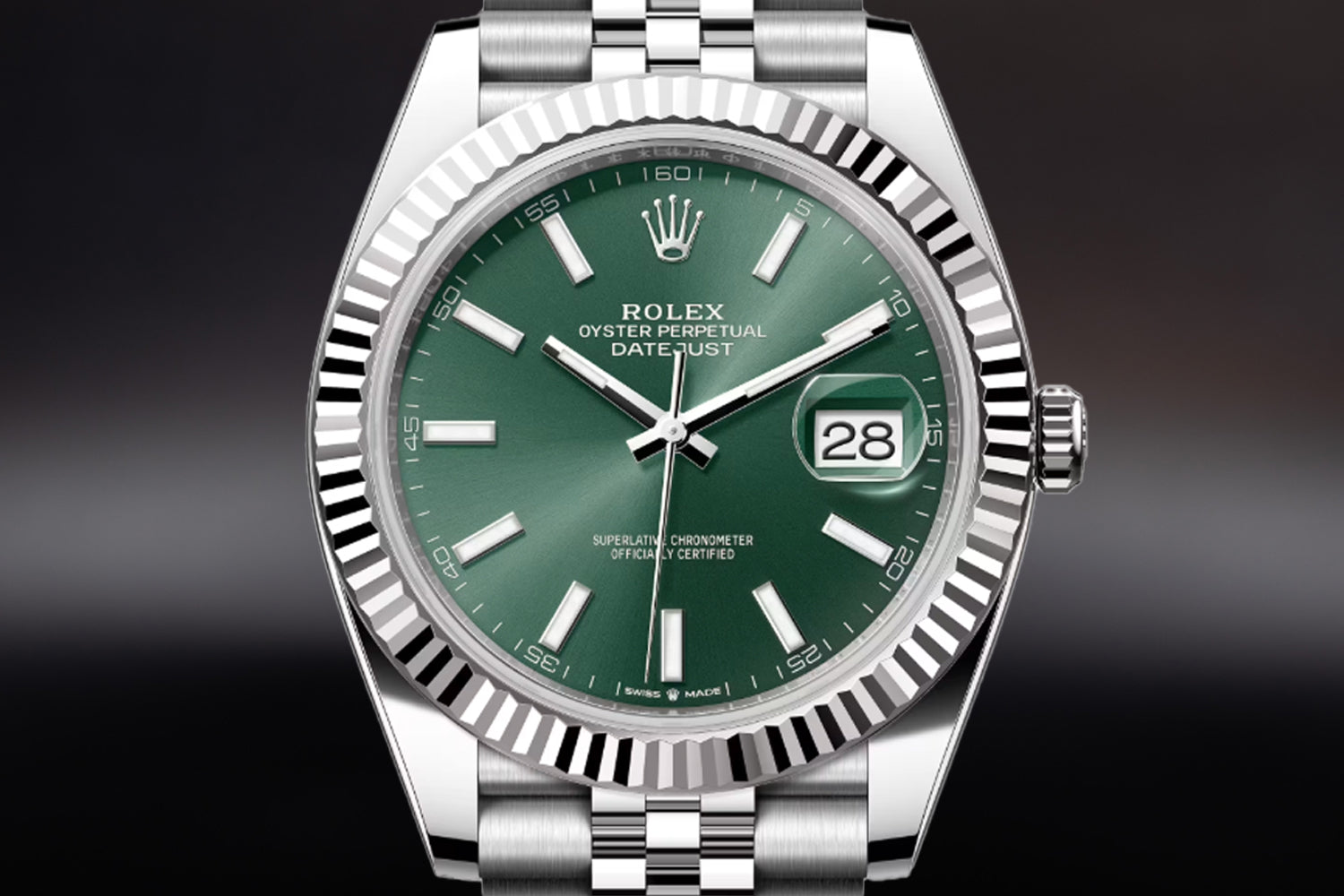 Rolex Datejust 41 stainless steel with 18K white gold fluted bezel Mint Green Dial 126334