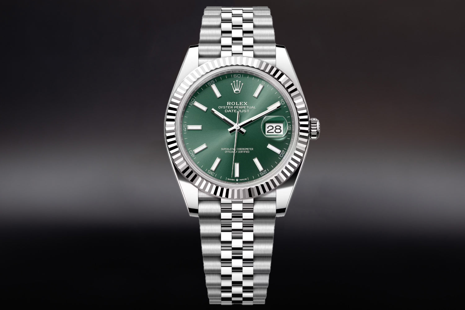 Rolex Datejust 41 stainless steel with 18K white gold fluted bezel Mint Green Dial 126334 on jubilee bracelet