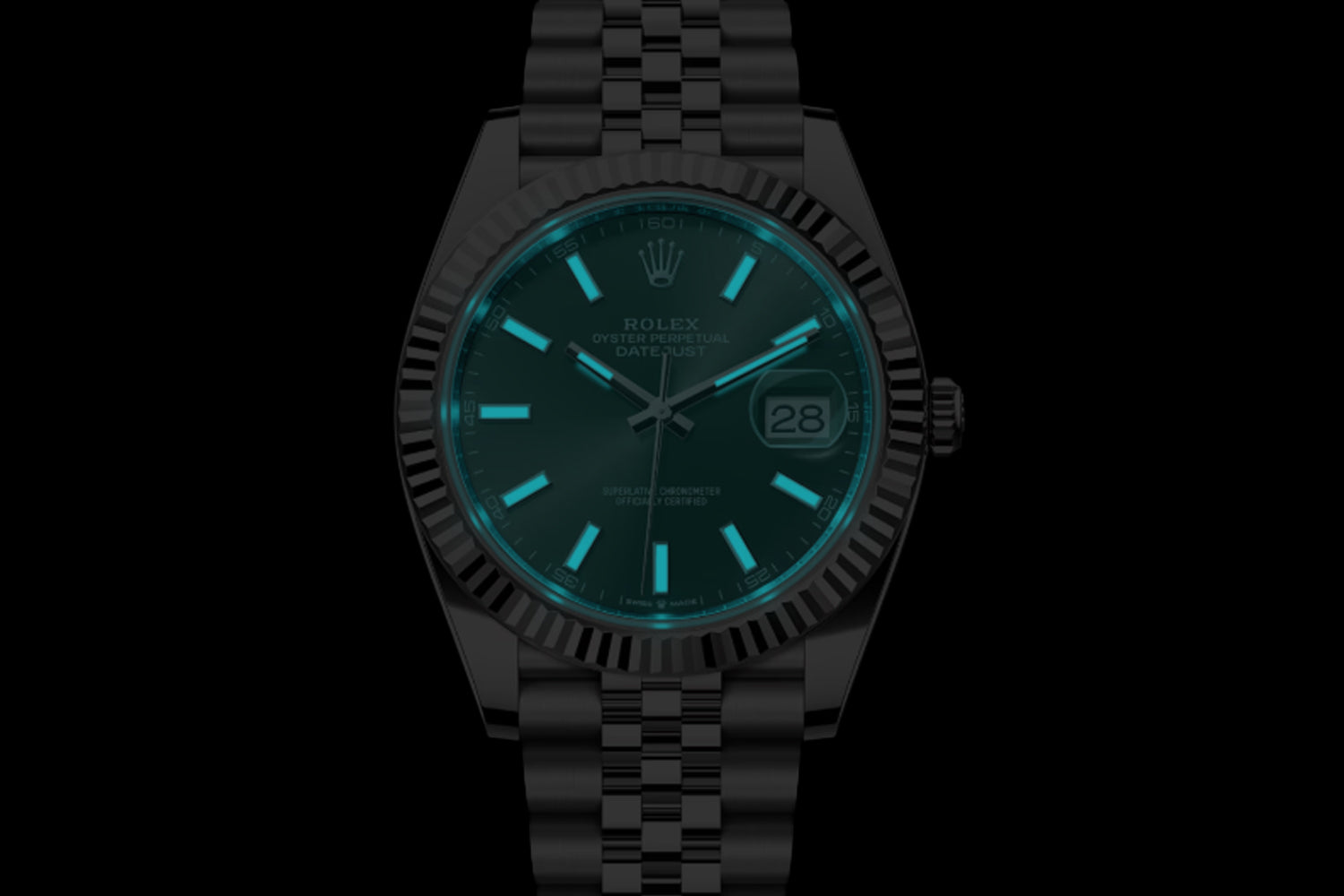 Rolex Datejust 41 stainless steel with 18K white gold fluted bezel Mint Green Dial 126334 lume