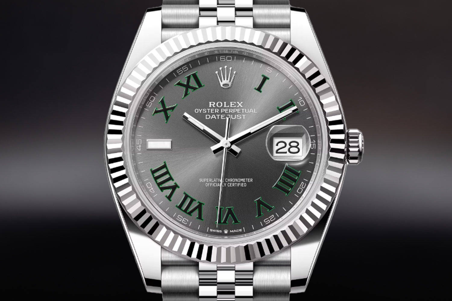 Rolex Datejust 41 stainless steel with 18K white gold fluted bezel Slate "Wimbledon" Dial 126334