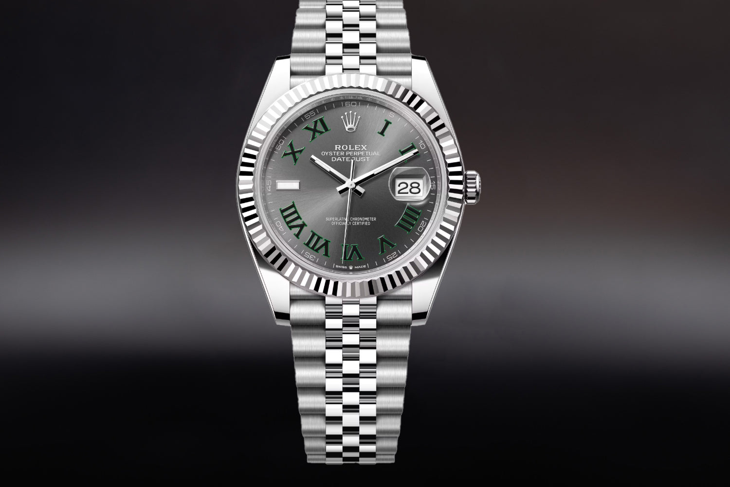 Rolex Datejust 41 stainless steel with 18K white gold fluted bezel Slate "Wimbledon" Dial 126334 on jubilee bracelet