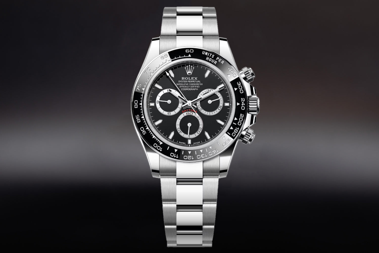 Rolex Cosmograph Daytona stainless steel Black Dial with black ceramic tachymeter bezel "Godzilla" 126500LN on oyster bracelet