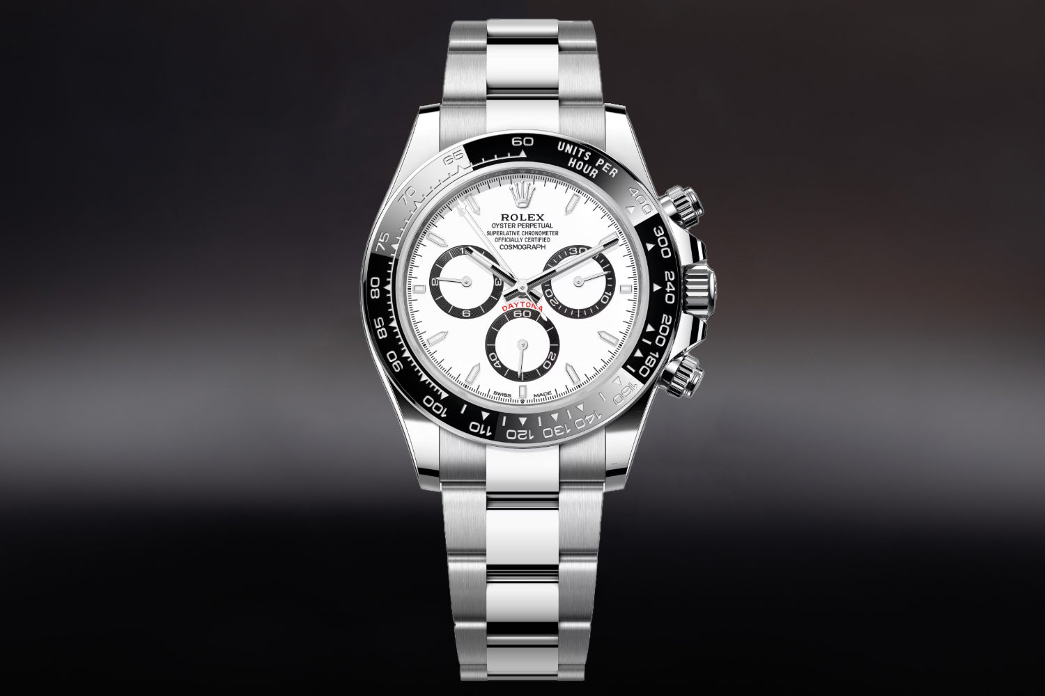 Rolex Cosmograph Daytona stainless steel White Dial black ceramic tachymeter bezel "Panda" 126500LN on oyster bracelet