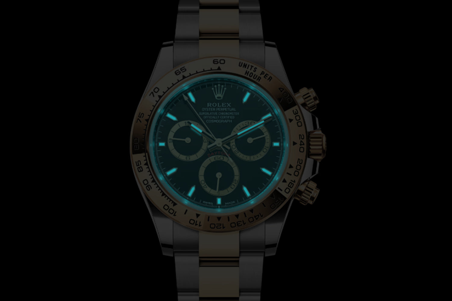 Rolex Cosmograph Daytona Two Tone stainless steel and 18K Yellow Gold Rolesor Black Dial with gold bezel 126503 lume