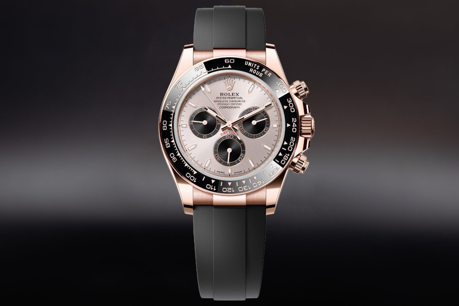 Rolex Cosmograph Daytona 18K Everose Rose Gold Sundust Dial with black ceramic bezel 126515LN on oysterflex