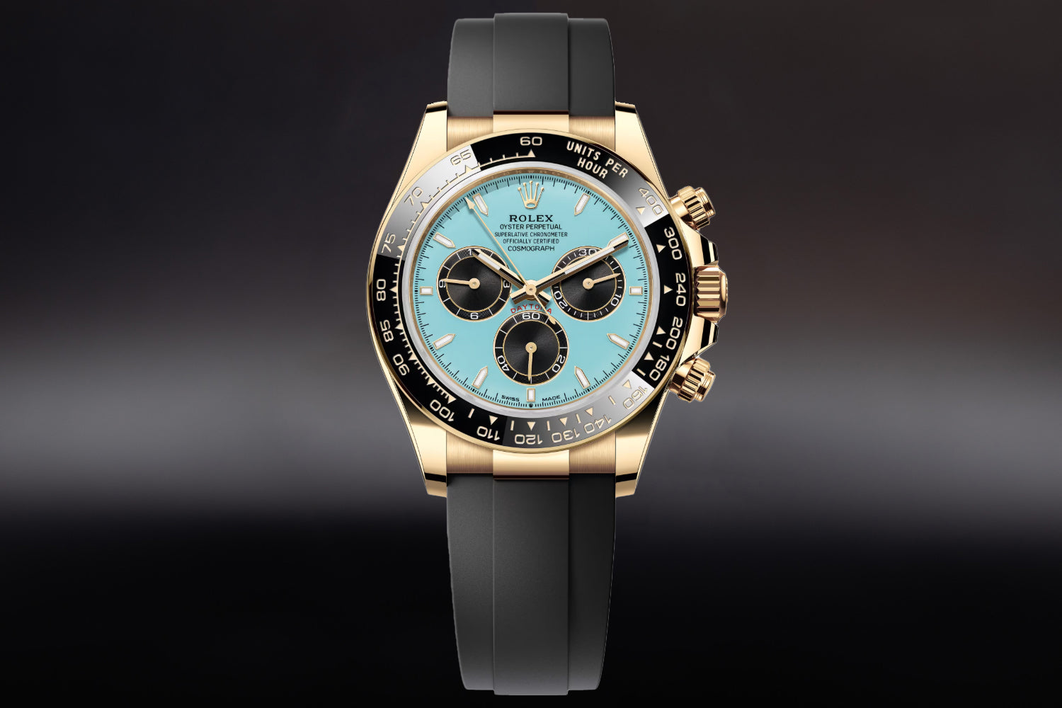 Rolex Cosmograph Daytona 18K Yellow Gold Turquoise Blue Dial with black ceramic tachymeter bezel 126518LN on oysterflex