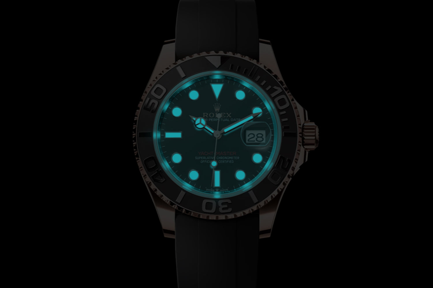 Rolex Yacht-Master 40 18K Rose Gold Everose with black ceramic bezel and Black Dial 126655 lume