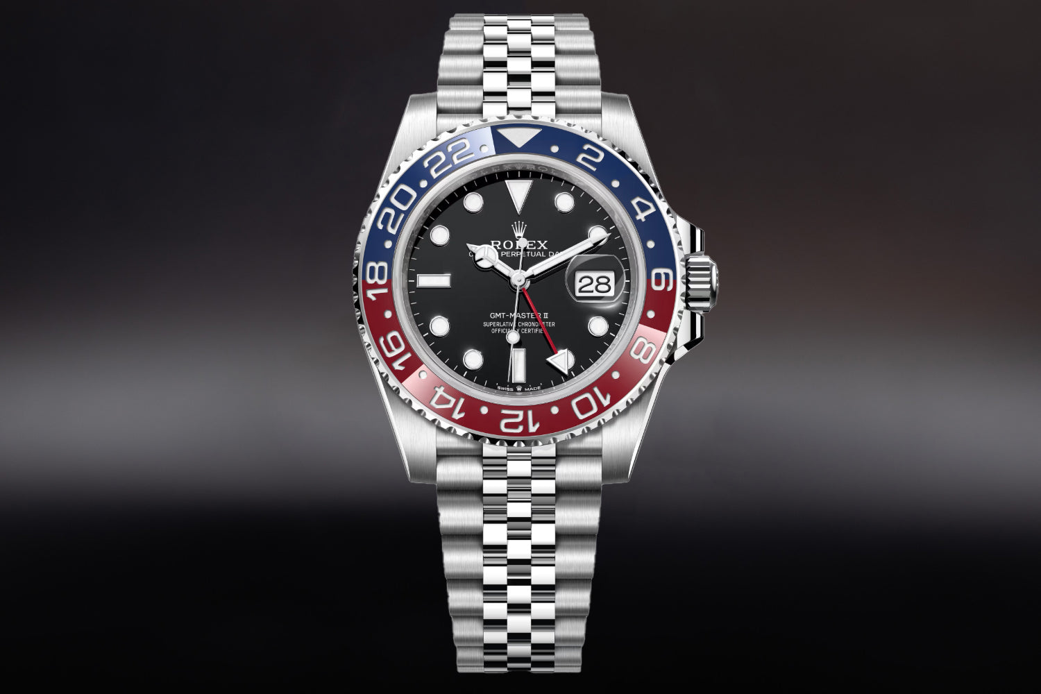Rolex GMT-Master II stainless steel Black Dial with blue and red bezel "Pepsi" 126710BLRO on jubilee bracelet